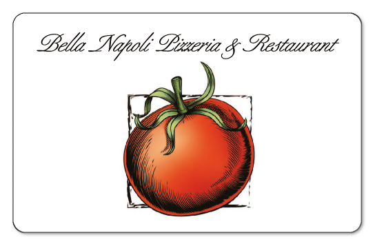 "bella napoli pizzeria & restaurant" text above a tomato logo on a white background